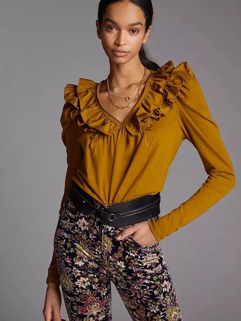 Anthropologie Ruffled V-Neck Long-Sleeve Top in Mustard